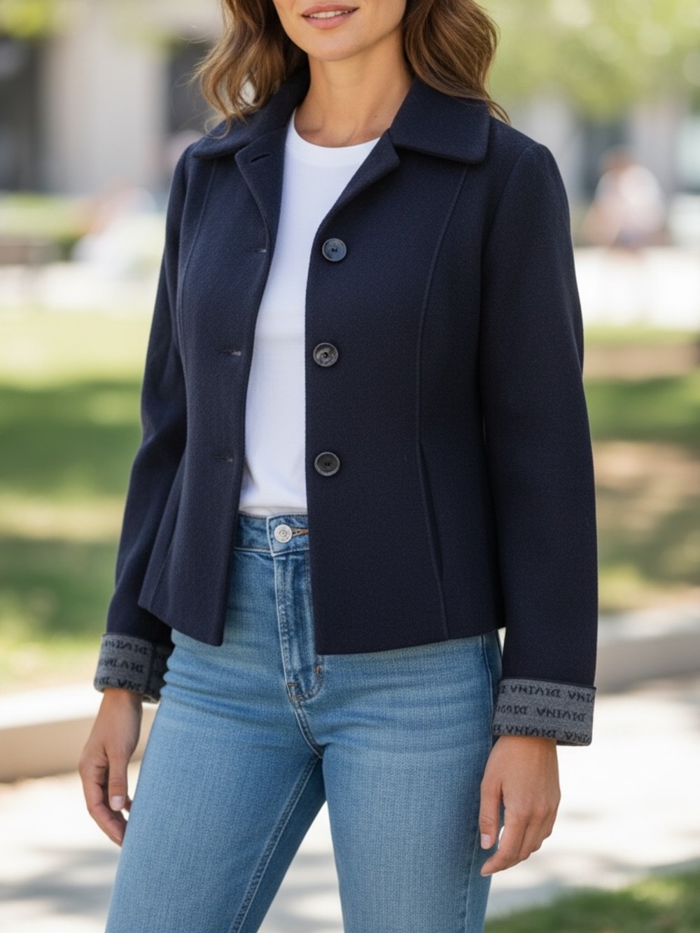 Made in Italy Women’s Wool Blend Navy Tailored Button Front Jacket Sz 8 Pea Coat